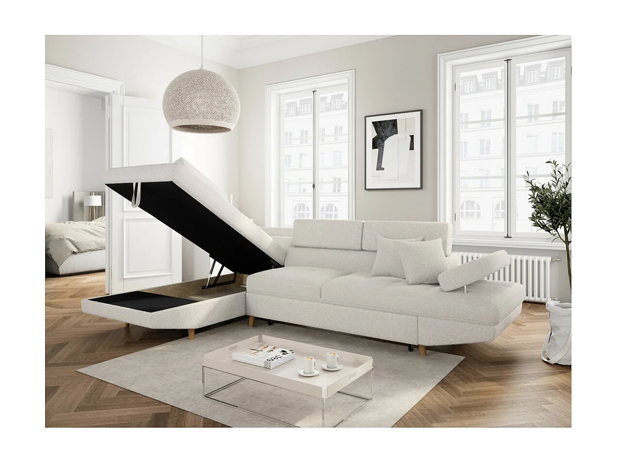 Canapé d'angle gauche convertible Rio Scandinave avec coffre en tissu bouclette- Blanc, Pied bois - L271 x P192 x H70cm - Loungitude