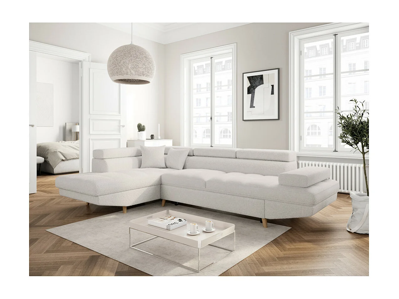 Canapé d'angle gauche convertible Rio Scandinave avec coffre en tissu bouclette- Blanc, Pied bois - L271 x P192 x H70cm - Loungitude