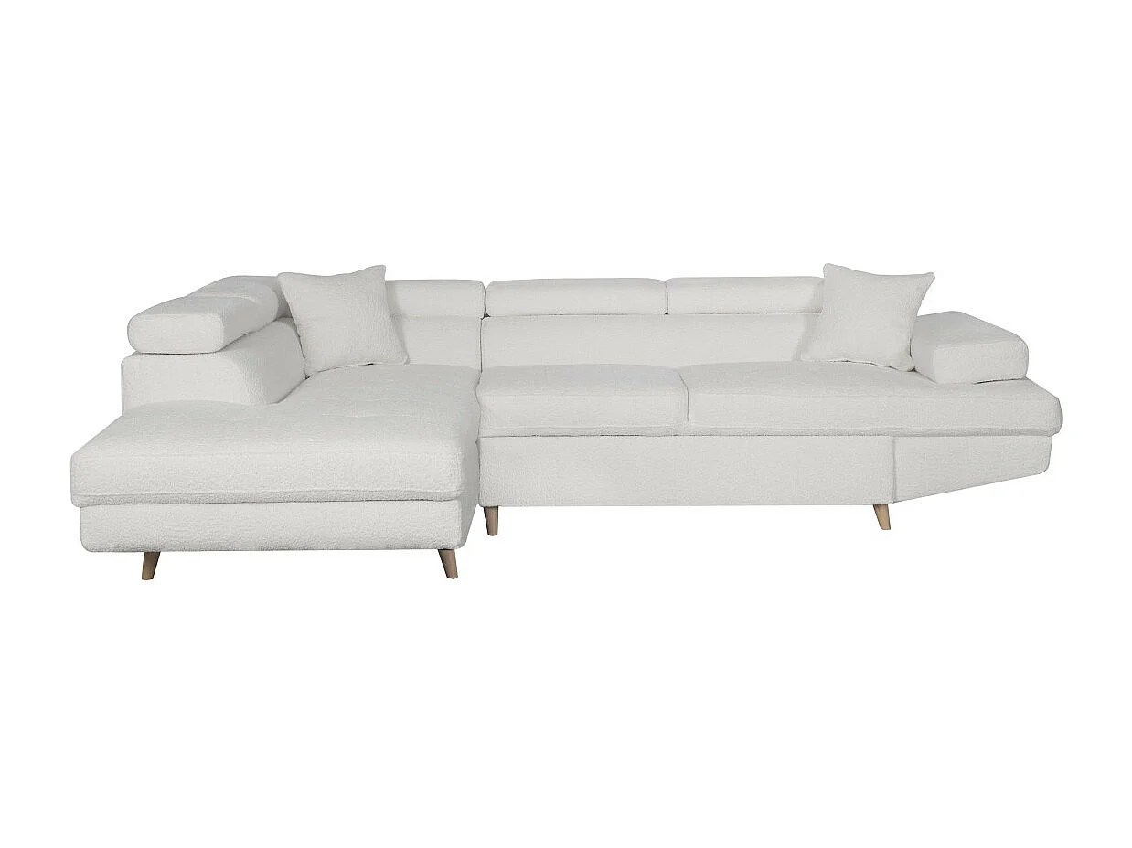 Canapé d'angle gauche convertible Rio Scandinave avec coffre en tissu bouclette- Blanc, Pied bois - L271 x P192 x H70cm - Loungitude