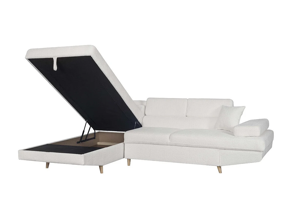 Canapé d'angle gauche convertible Rio Scandinave avec coffre en tissu bouclette- Blanc, Pied bois - L271 x P192 x H70cm - Loungitude