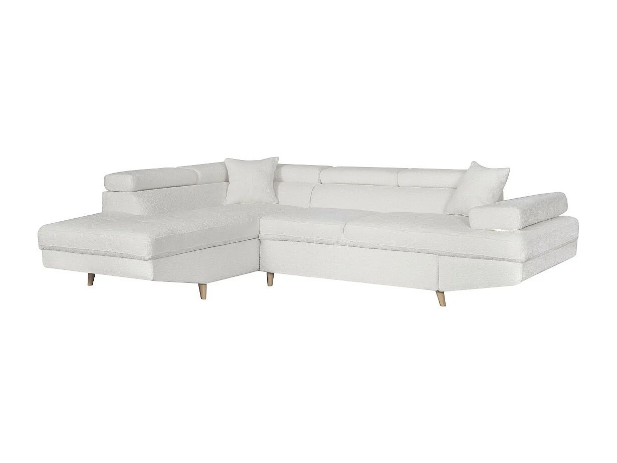 Canapé d'angle gauche convertible Rio Scandinave avec coffre en tissu bouclette- Blanc, Pied bois - L271 x P192 x H70cm - Loungitude