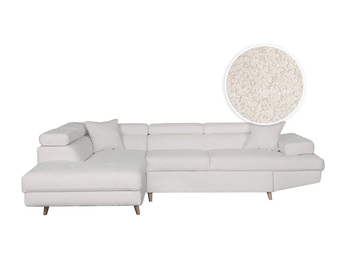 Canapé d'angle gauche convertible Rio Scandinave avec coffre en tissu bouclette- Blanc, Pied bois - L271 x P192 x H70cm - Loungitude