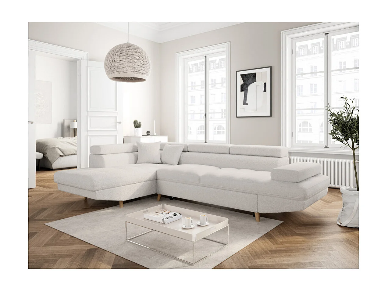 Canapé d'angle gauche convertible Rio Scandinave avec coffre en tissu bouclette- Blanc, Pied bois - L271 x P192 x H70cm - Loungitude
