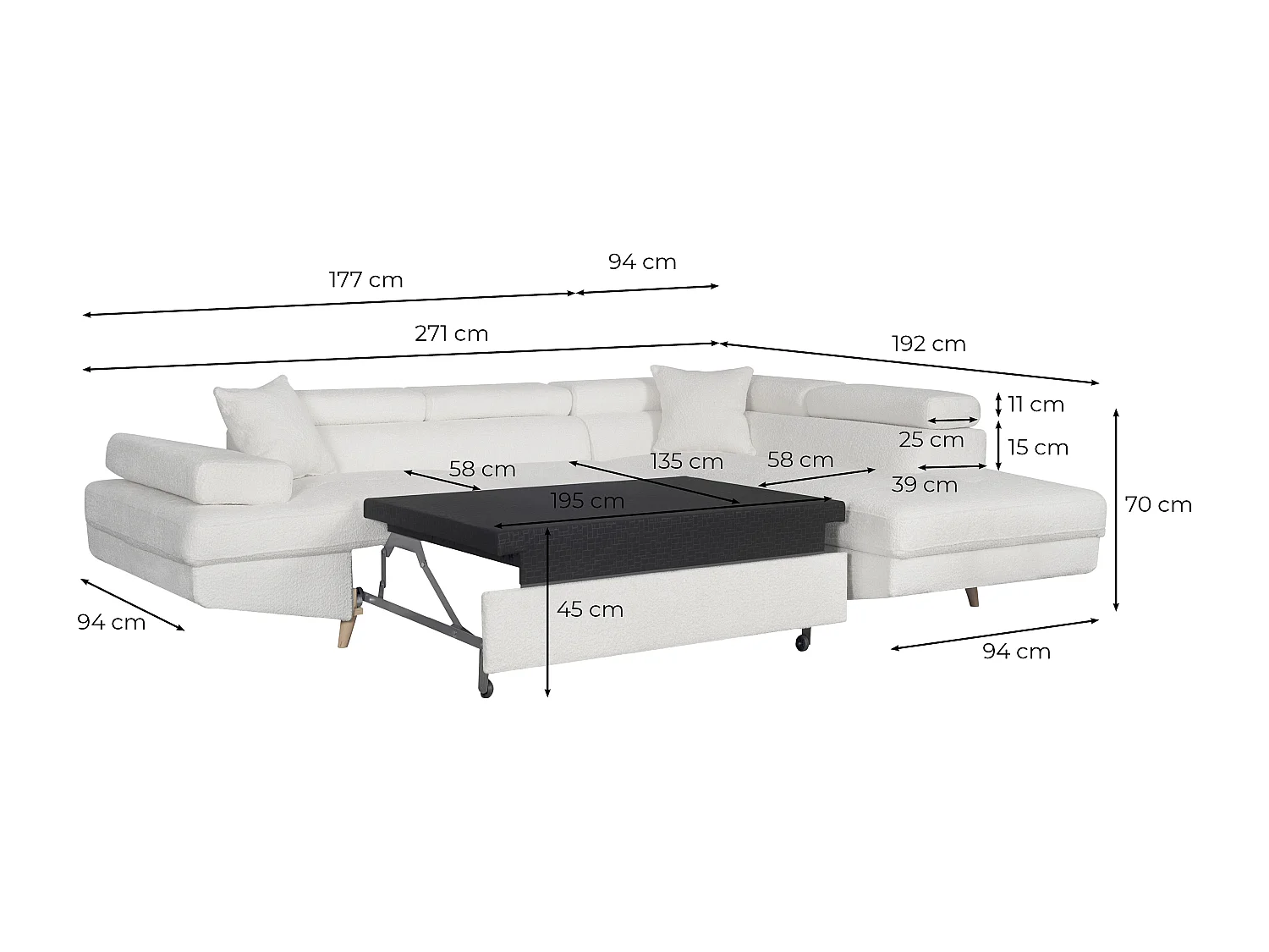 Canapé d'angle gauche convertible Rio Scandinave avec coffre en tissu bouclette- Blanc, Pied bois - L271 x P192 x H70cm - Loungitude
