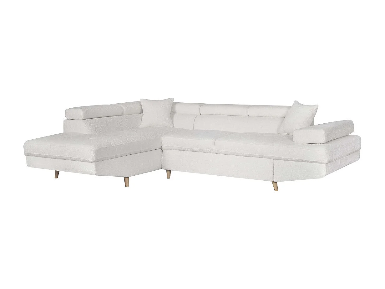 Canapé d'angle gauche convertible Rio Scandinave avec coffre en tissu bouclette- Blanc, Pied bois - L271 x P192 x H70cm - Loungitude