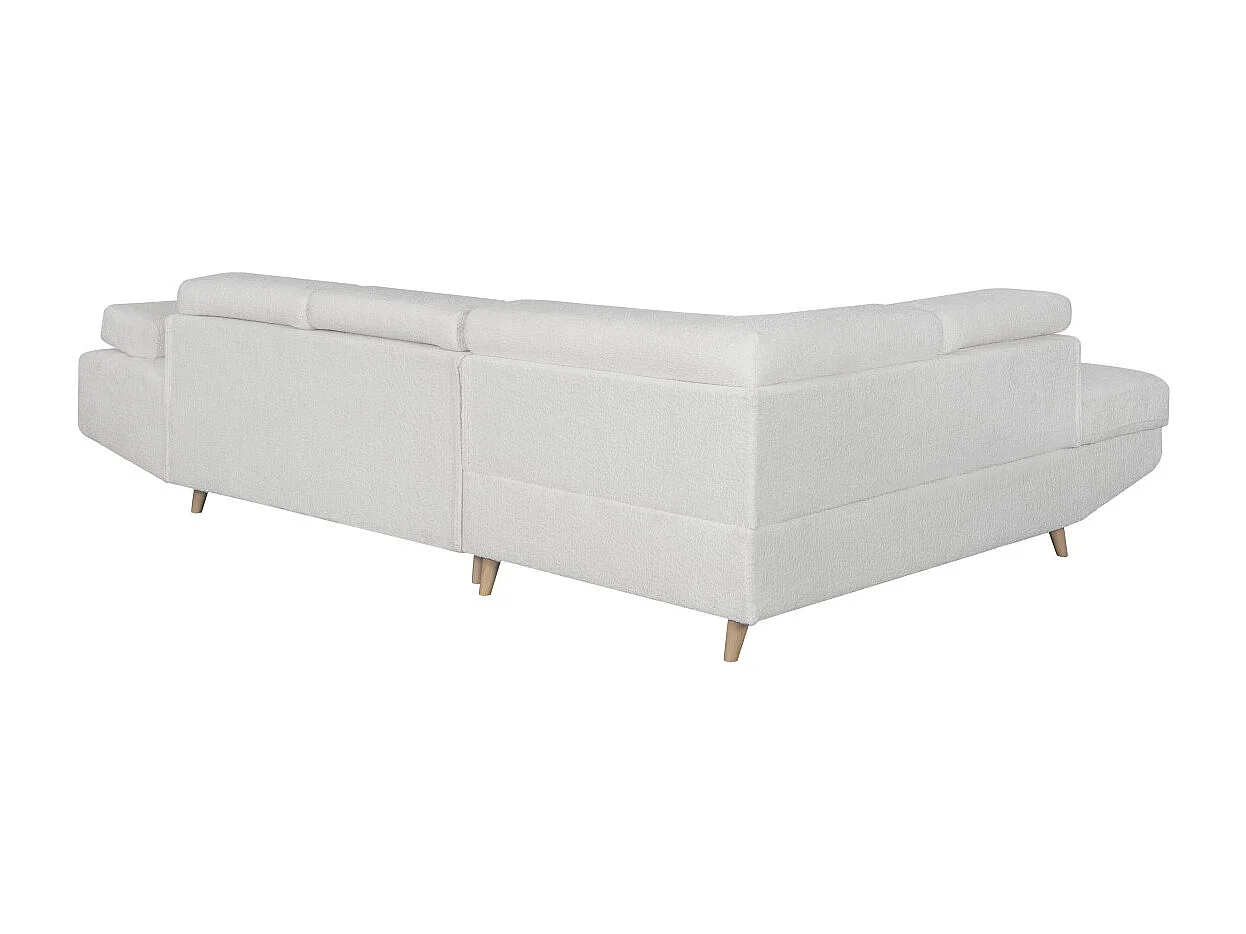 Canapé d'angle gauche convertible Rio Scandinave avec coffre en tissu bouclette- Blanc, Pied bois - L271 x P192 x H70cm - Loungitude