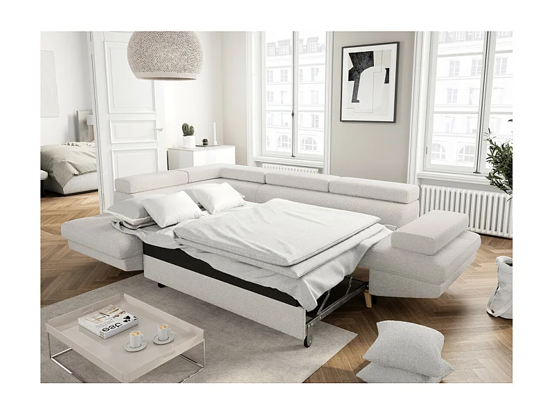Canapé d'angle gauche convertible Rio Scandinave avec coffre en tissu bouclette- Blanc, Pied bois - L271 x P192 x H70cm - Loungitude