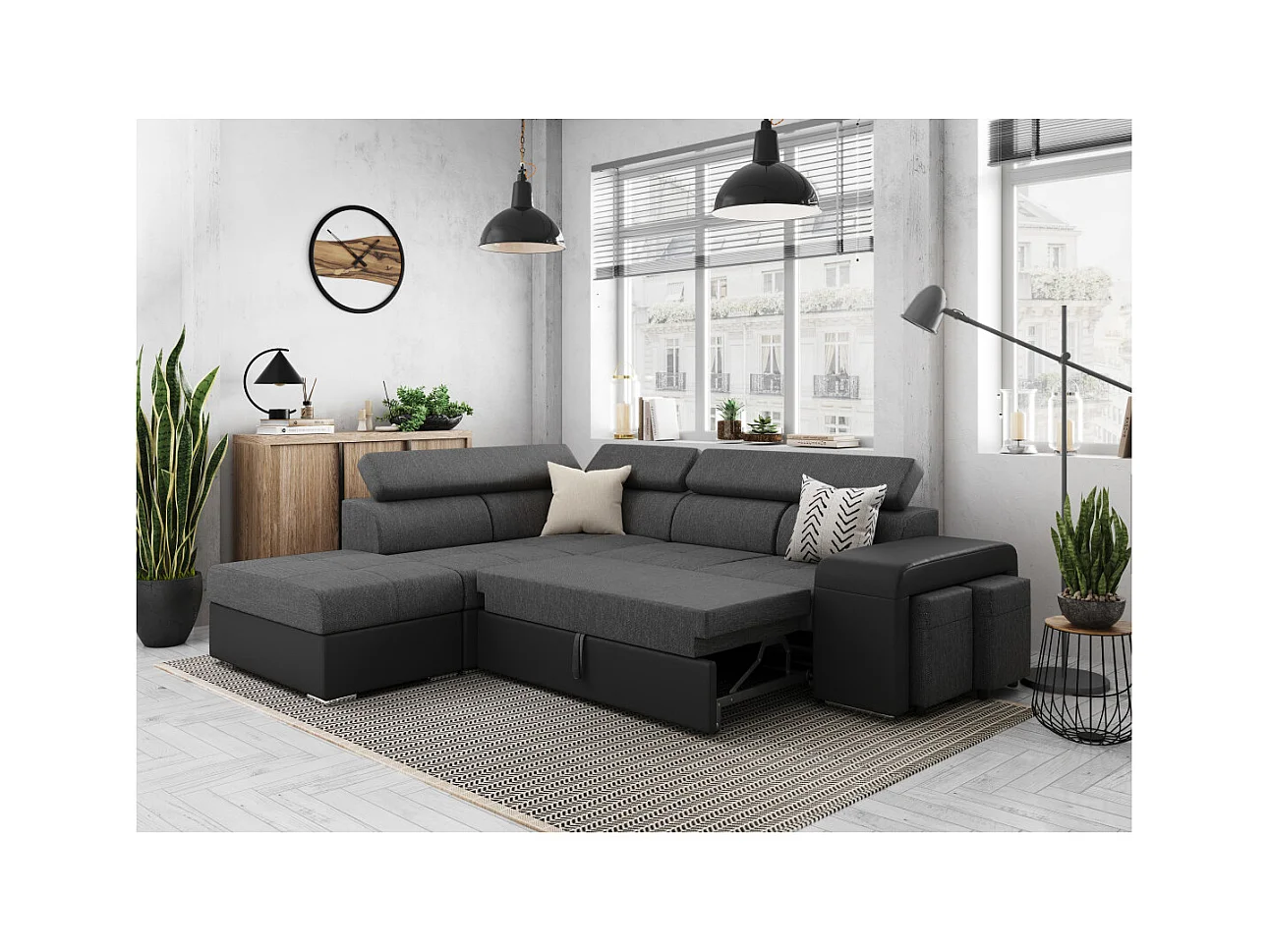 Canapé d'angle gauche 3 places Soan convertible en simili et tissu - Gris / Noir - L262 x P220 x H76cm - Loungitude