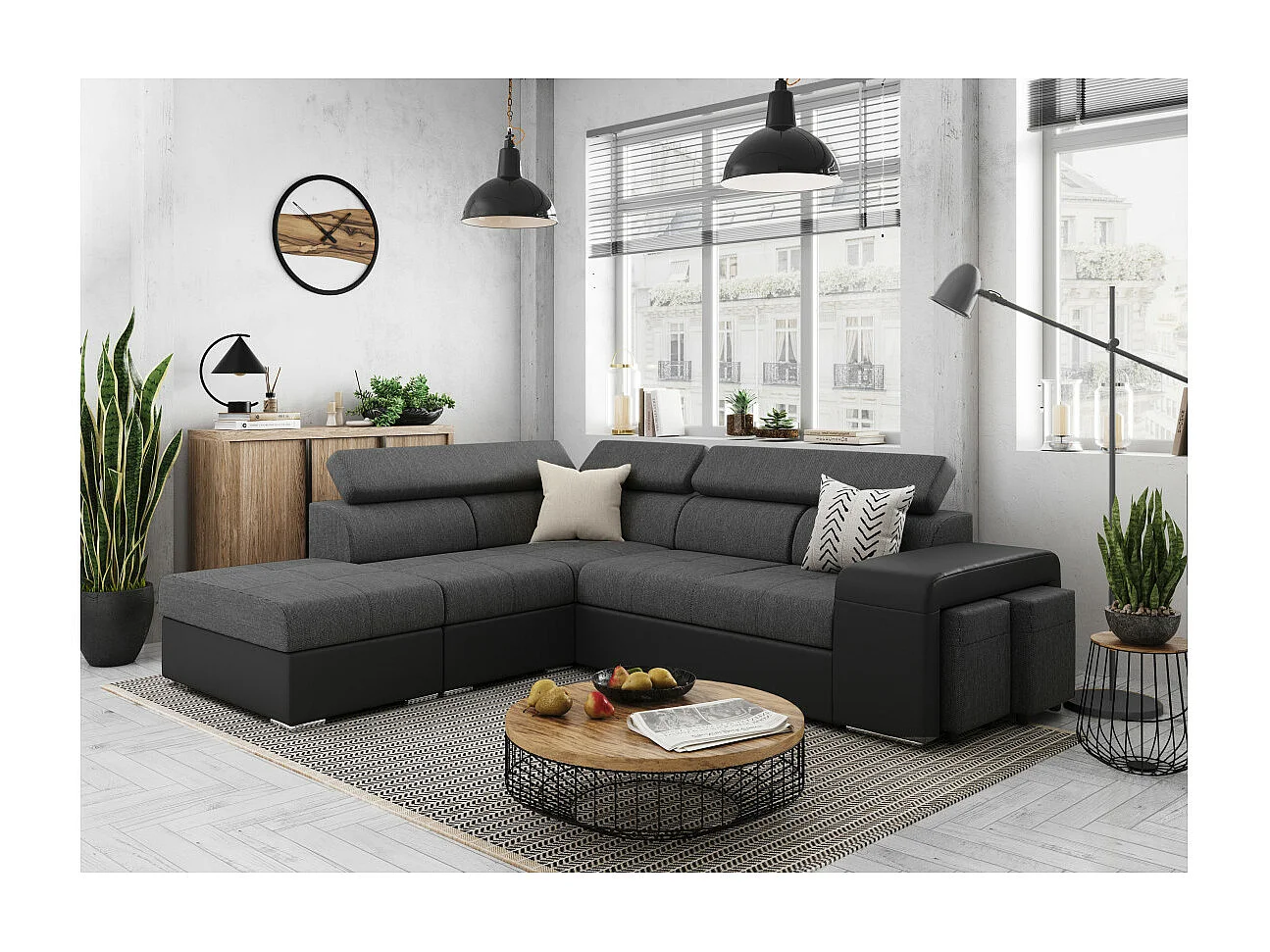 Canapé d'angle gauche 3 places Soan convertible en simili et tissu - Gris / Noir - L262 x P220 x H76cm - Loungitude