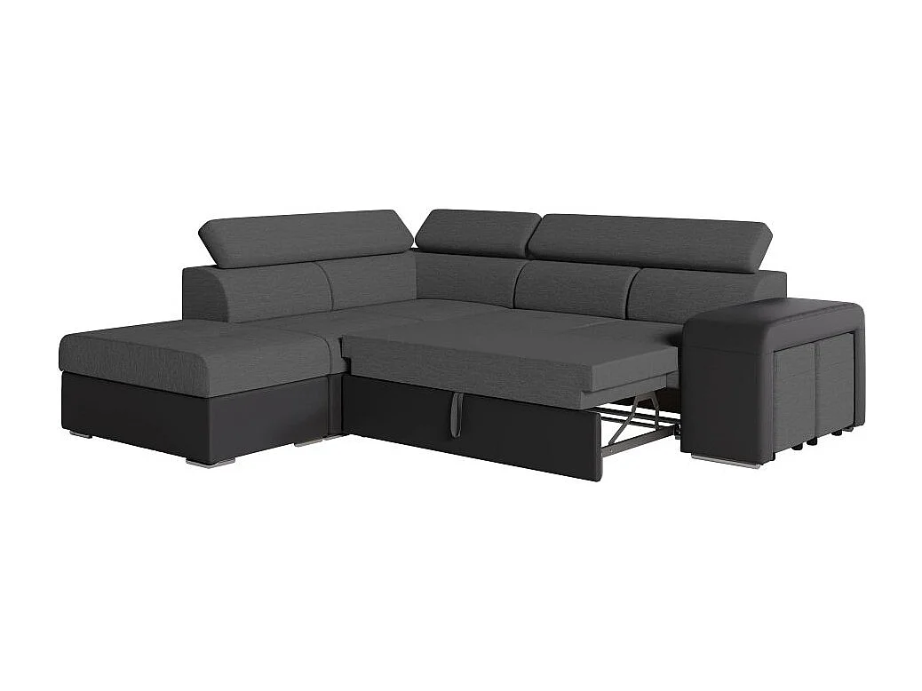 Canapé d'angle gauche 3 places Soan convertible en simili et tissu - Gris / Noir - L262 x P220 x H76cm - Loungitude