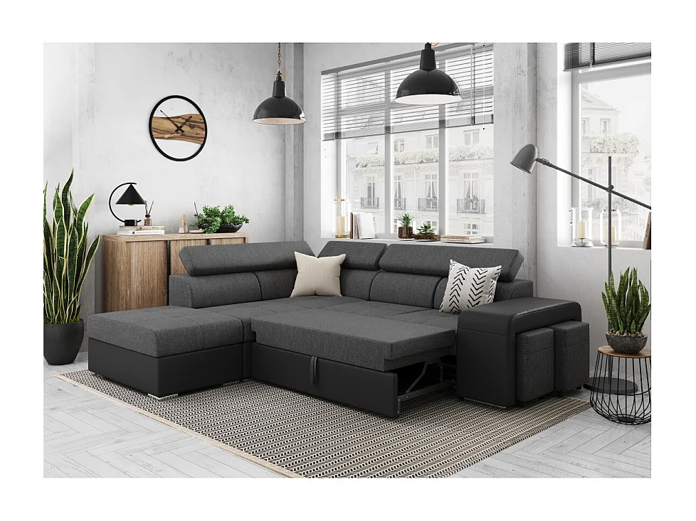 Canapé d'angle gauche 3 places Soan convertible en simili et tissu - Gris / Noir - L262 x P220 x H76cm - Loungitude