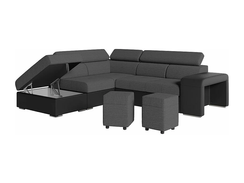 Canapé d'angle gauche 3 places Soan convertible en simili et tissu - Gris / Noir - L262 x P220 x H76cm - Loungitude