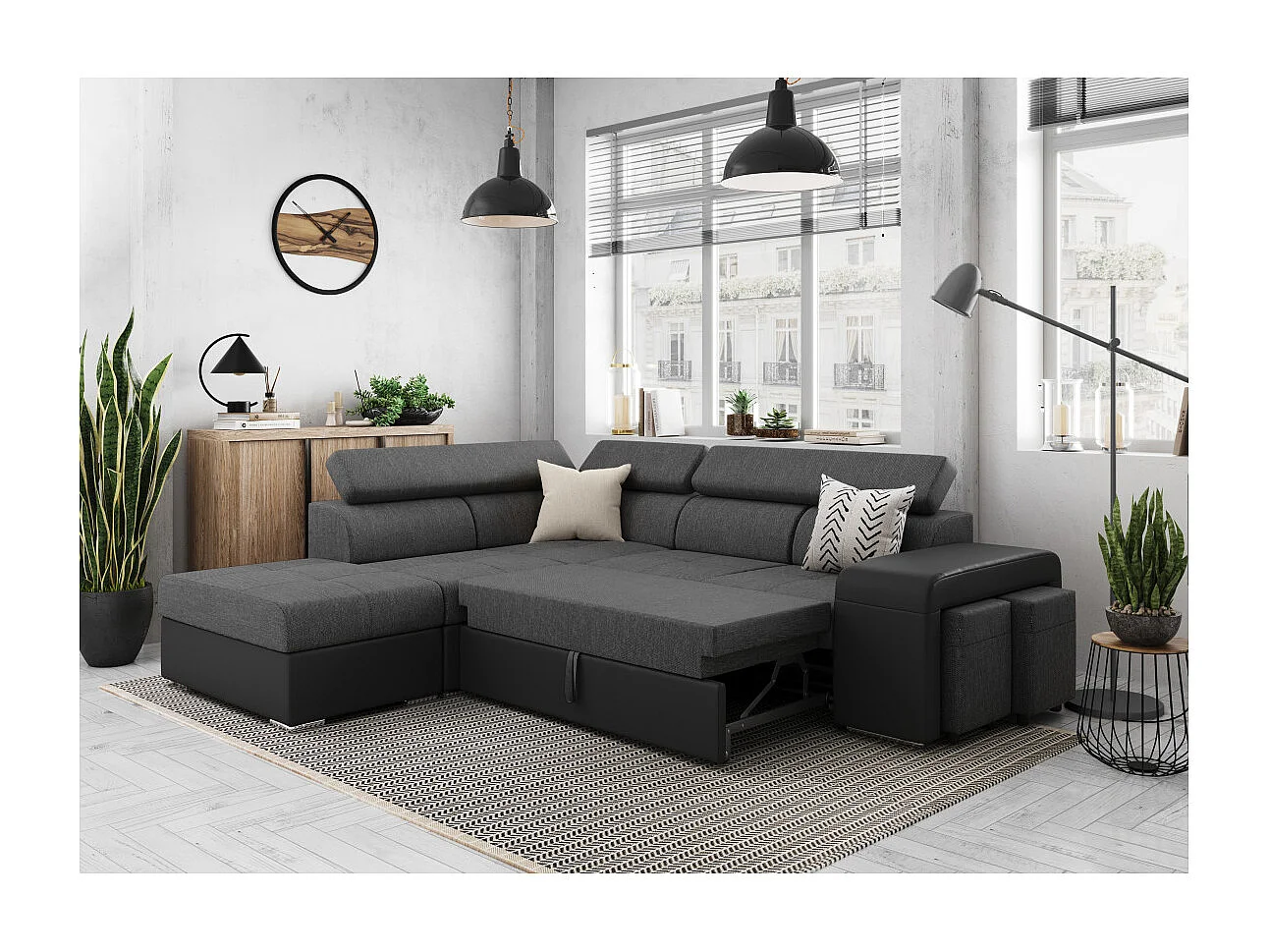 Canapé d'angle gauche 3 places Soan convertible en simili et tissu - Gris / Noir - L262 x P220 x H76cm - Loungitude
