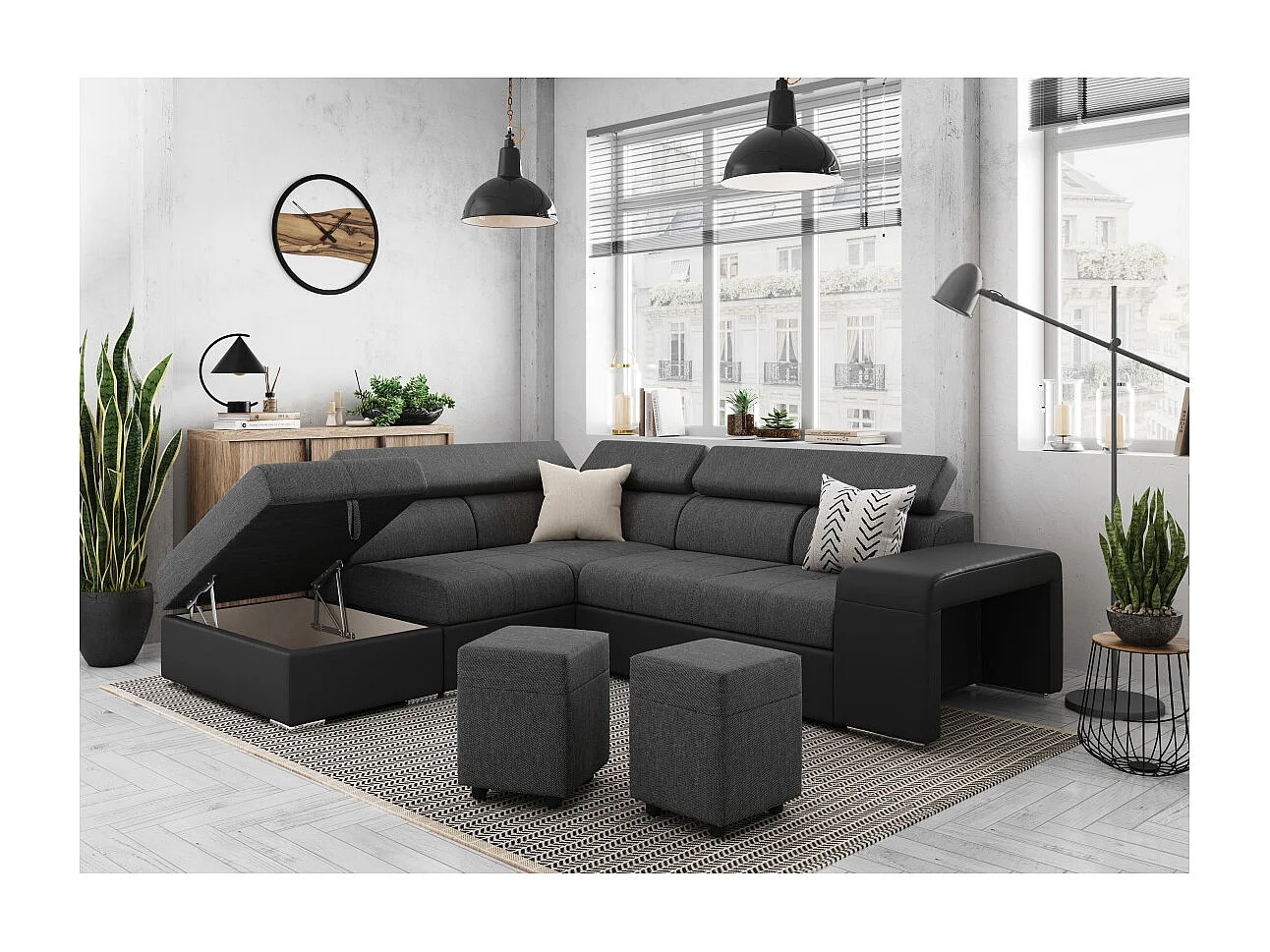 Canapé d'angle gauche 3 places Soan convertible en simili et tissu - Gris / Noir - L262 x P220 x H76cm - Loungitude