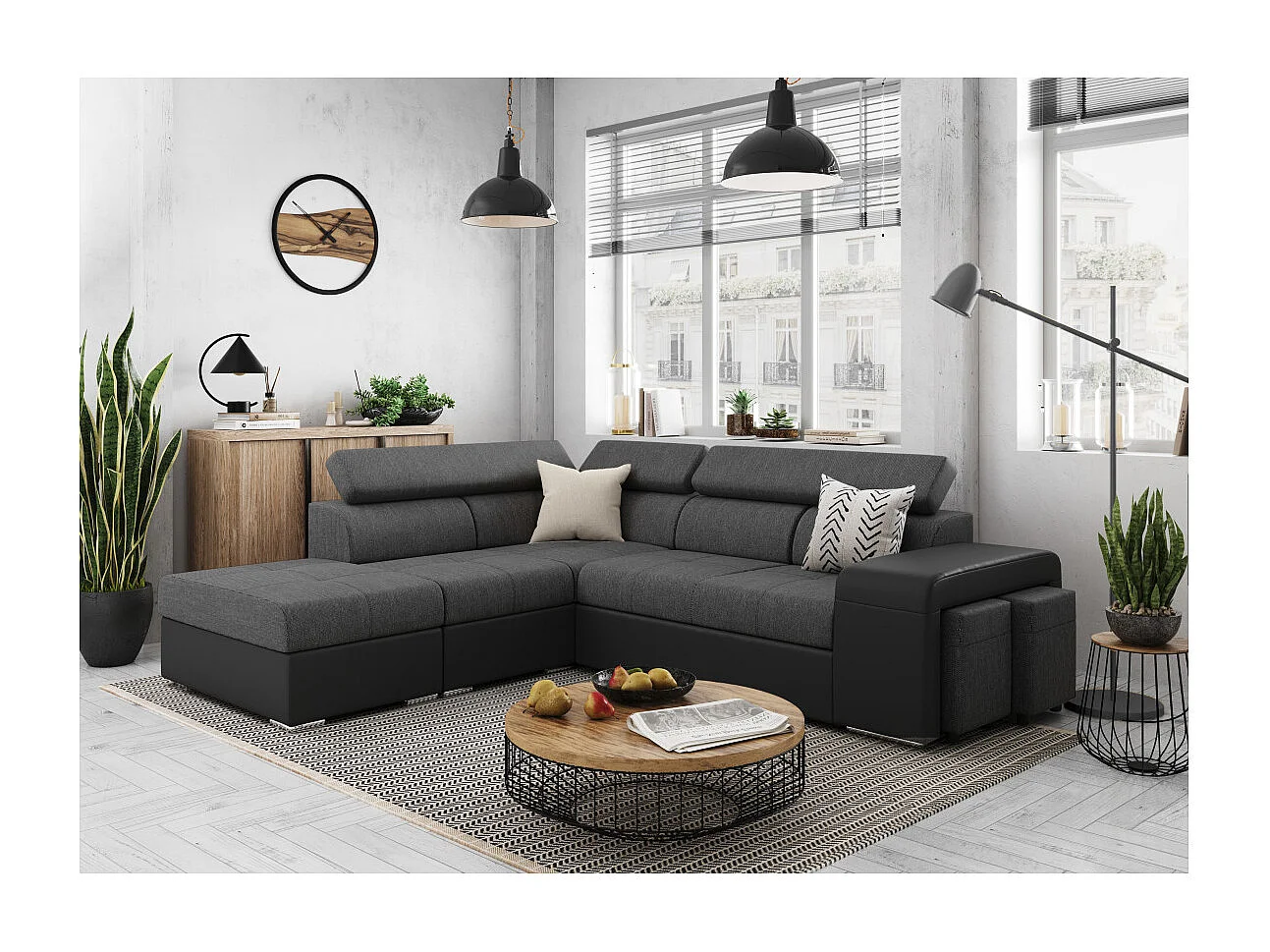Canapé d'angle gauche 3 places Soan convertible en simili et tissu - Gris / Noir - L262 x P220 x H76cm - Loungitude