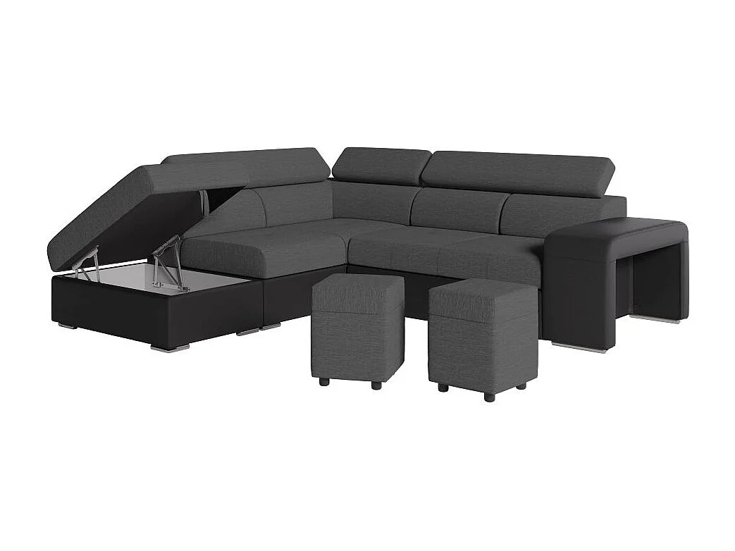Canapé d'angle gauche 3 places Soan convertible en simili et tissu - Gris / Noir - L262 x P220 x H76cm - Loungitude