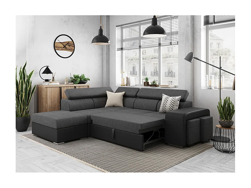 Canapé d'angle gauche 3 places Soan convertible en simili et tissu - Gris / Noir - L262 x P220 x H76cm - Loungitude