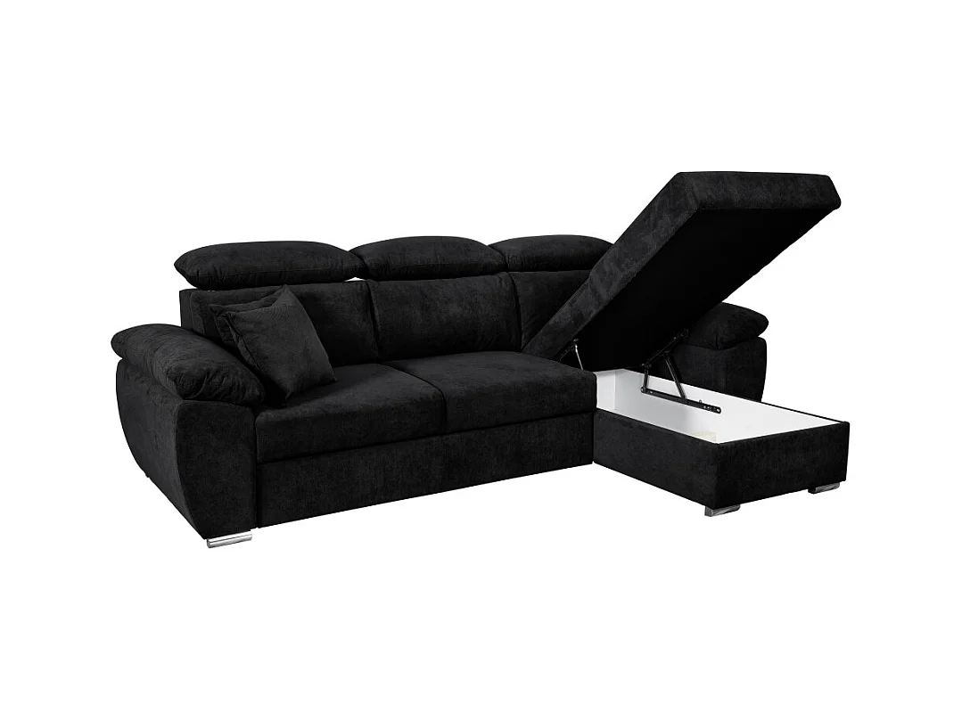 Canapé d'angle Komo Reversible et Convertible avec coffre et têtières réglables en tissu - Noir - L265 x P166 x H91cm - Loungitude