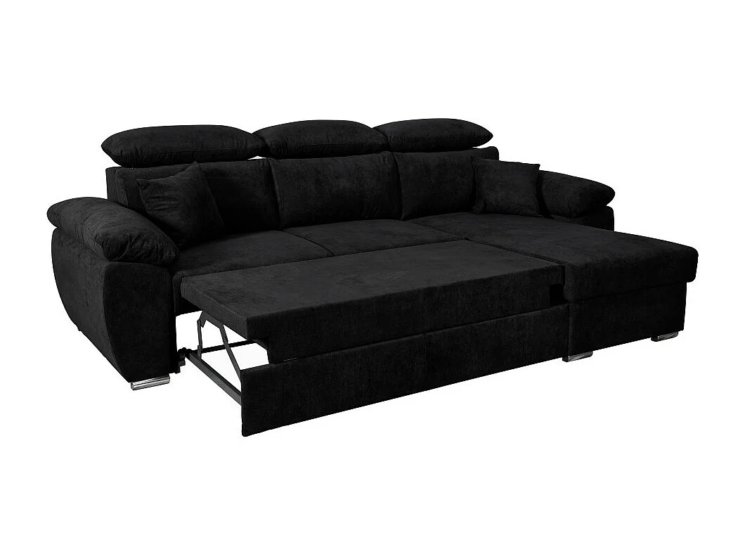 Canapé d'angle Komo Reversible et convertible avec coffre et têtières réglables en tissu - Noir - L265 x P166 x H91cm - Loungitude