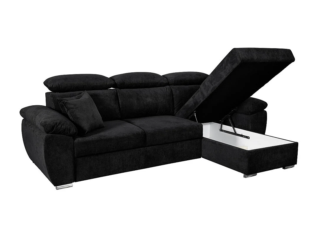 Canapé d'angle Komo Reversible et convertible avec coffre et têtières réglables en tissu - Noir - L265 x P166 x H91cm - Loungitude