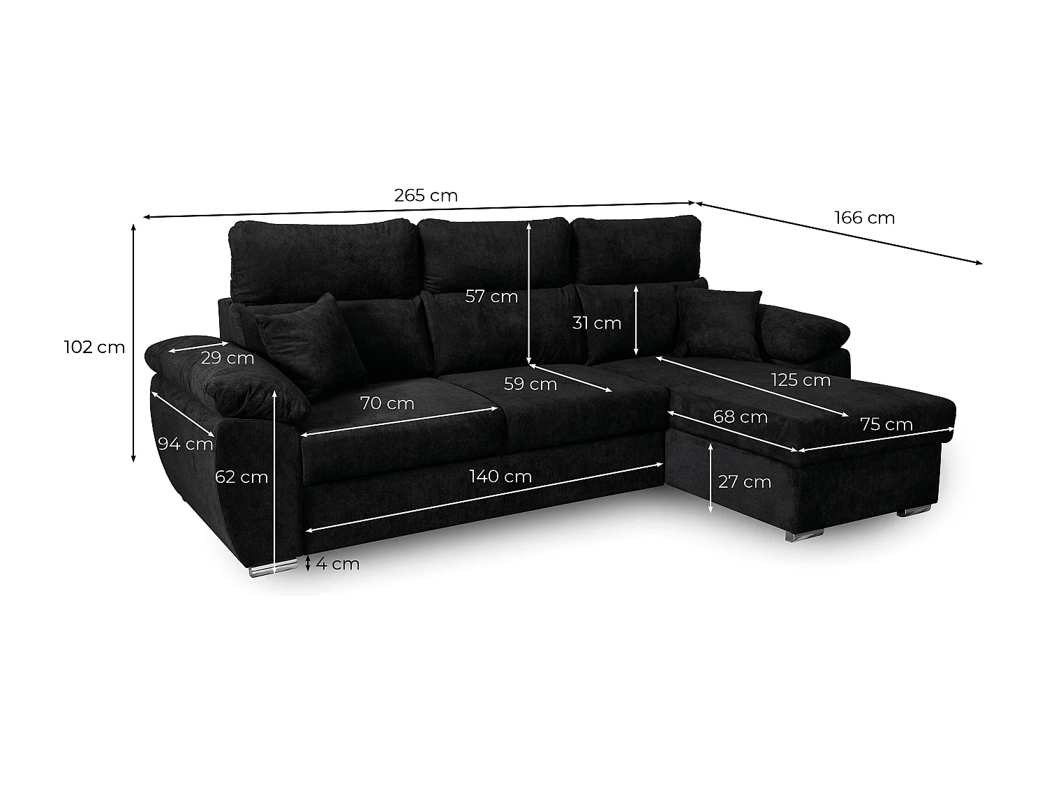 Canapé d'angle Komo Reversible et convertible avec coffre et têtières réglables en tissu - Noir - L265 x P166 x H91cm - Loungitude