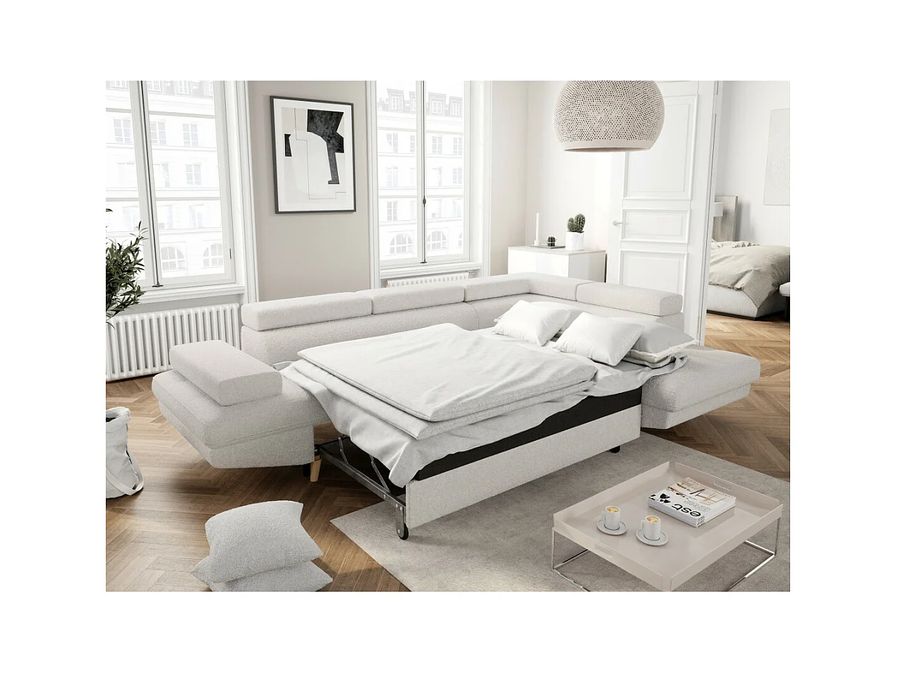 Canapé d'angle droit convertible Rio Scandinave avec coffre en tissu bouclette - Blanc, Pied bois - L271 x P192 x H70cm - Loungitude