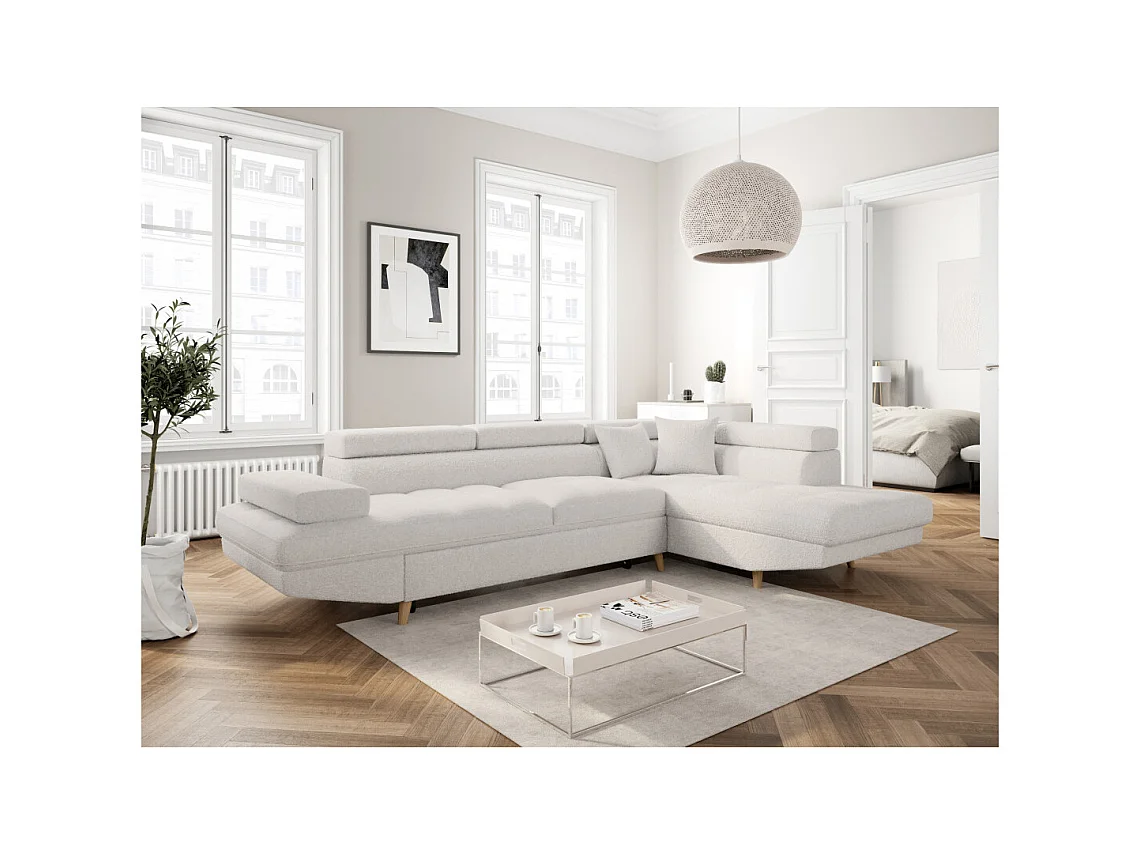 Canapé d'angle droit convertible Rio Scandinave avec coffre en tissu bouclette - Blanc, Pied bois - L271 x P192 x H70cm - Loungitude