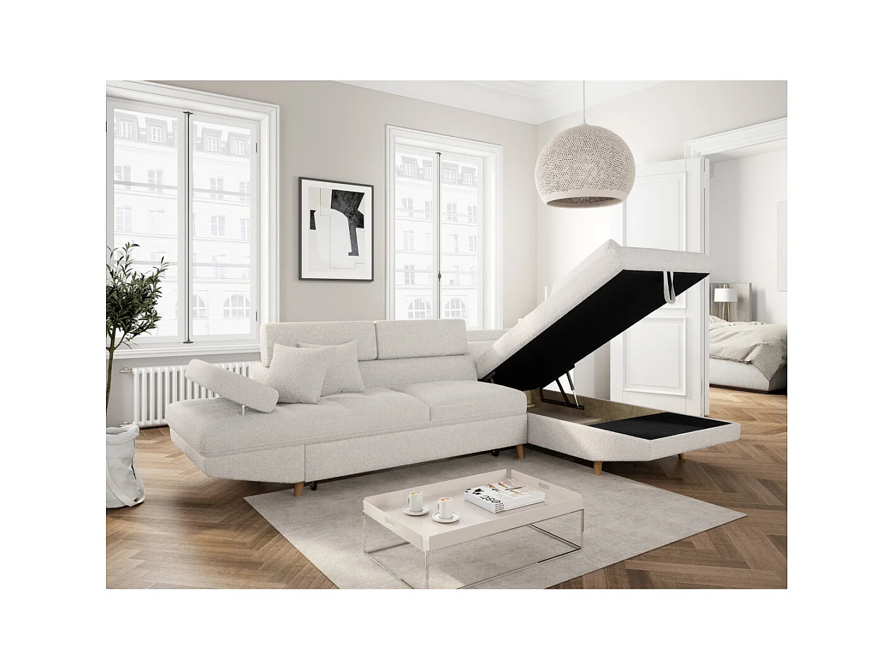 Canapé d'angle droit convertible Rio Scandinave avec coffre en tissu bouclette - Blanc, Pied bois - L271 x P192 x H70cm - Loungitude