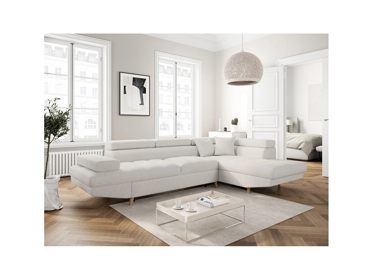 Canapé d'angle droit convertible Rio Scandinave avec coffre en tissu bouclette - Blanc, Pied bois - L271 x P192 x H70cm - Loungitude