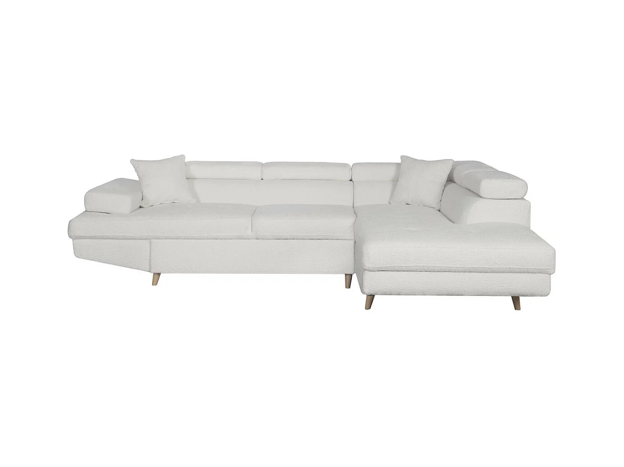 Canapé d'angle droit convertible Rio Scandinave avec coffre en tissu bouclette - Blanc, Pied bois - L271 x P192 x H70cm - Loungitude