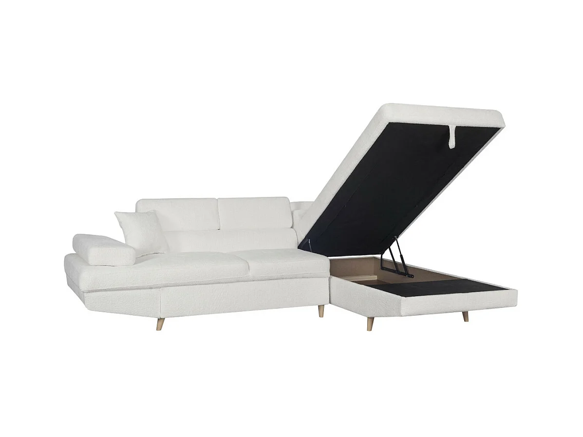 Canapé d'angle droit convertible Rio Scandinave avec coffre en tissu bouclette - Blanc, Pied bois - L271 x P192 x H70cm - Loungitude
