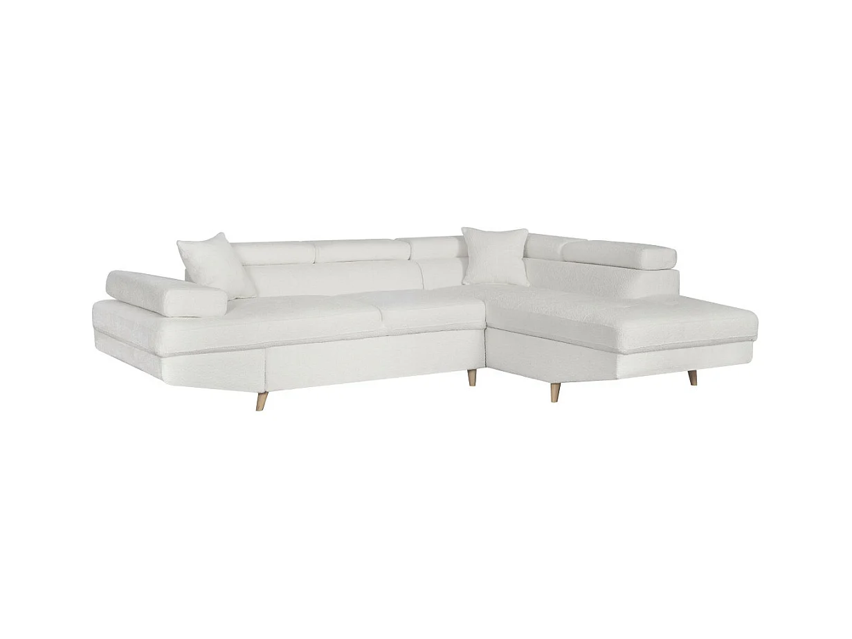 Canapé d'angle droit convertible Rio Scandinave avec coffre en tissu bouclette - Blanc, Pied bois - L271 x P192 x H70cm - Loungitude