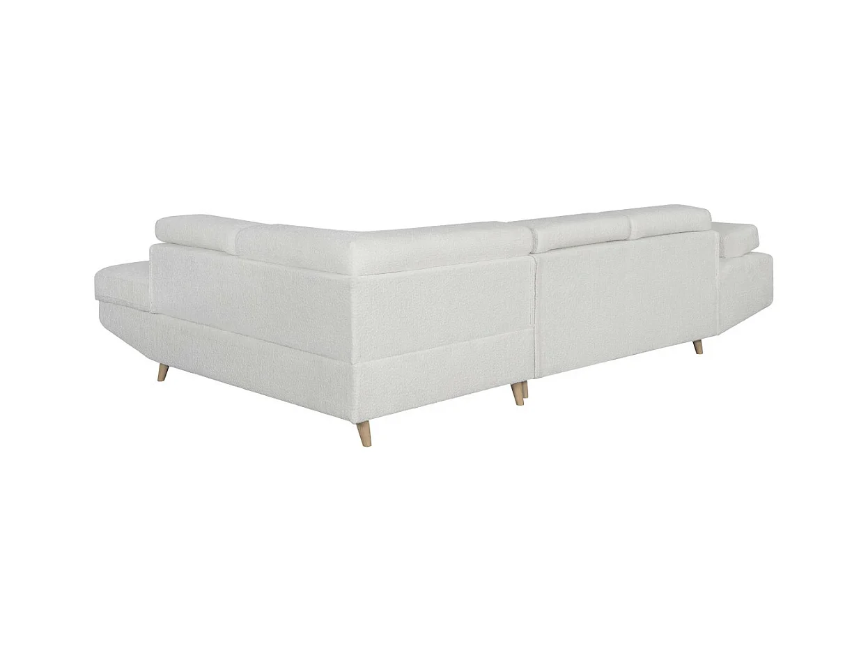 Canapé d'angle droit convertible Rio Scandinave avec coffre en tissu bouclette - Blanc, Pied bois - L271 x P192 x H70cm - Loungitude