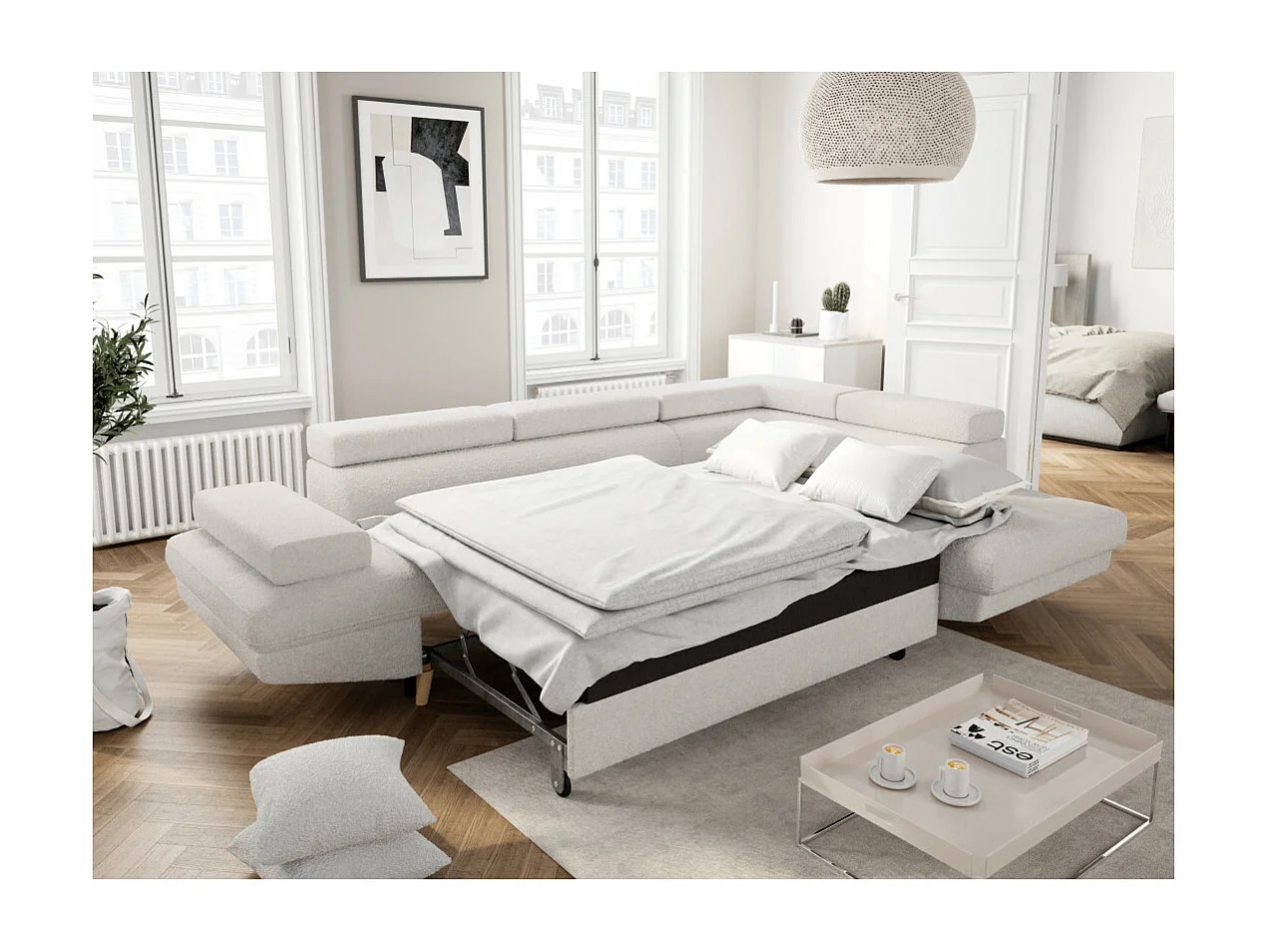 Canapé d'angle droit convertible Rio Scandinave avec coffre en tissu bouclette - Blanc, Pied bois - L271 x P192 x H70cm - Loungitude