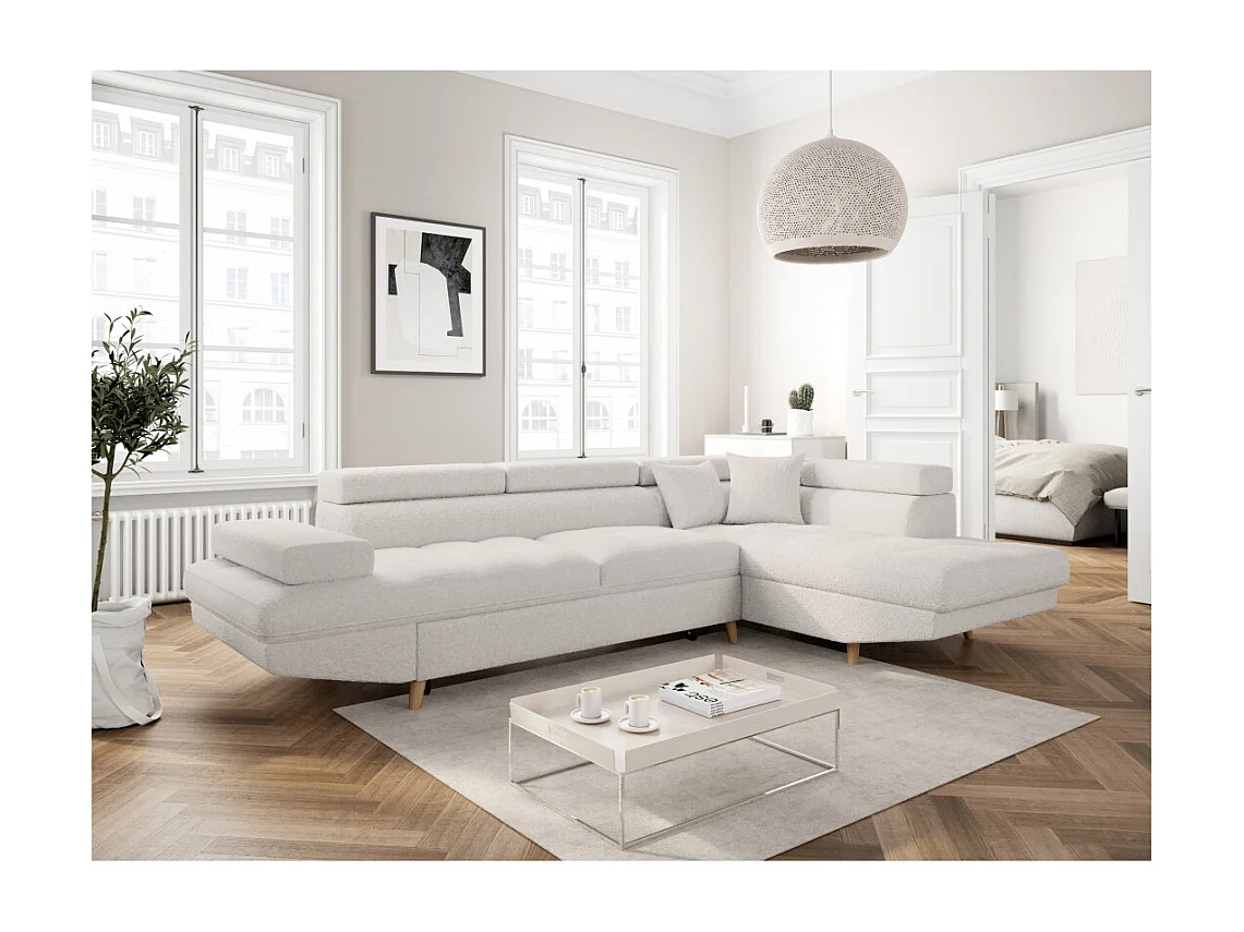 Canapé d'angle droit convertible Rio Scandinave avec coffre en tissu bouclette - Blanc, Pied bois - L271 x P192 x H70cm - Loungitude