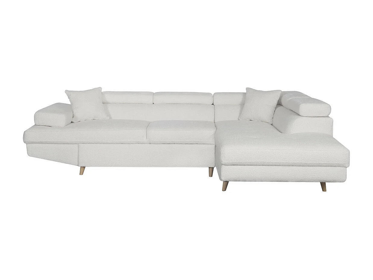 Canapé d'angle droit convertible Rio Scandinave avec coffre en tissu bouclette - Blanc, Pied bois - L271 x P192 x H70cm - Loungitude