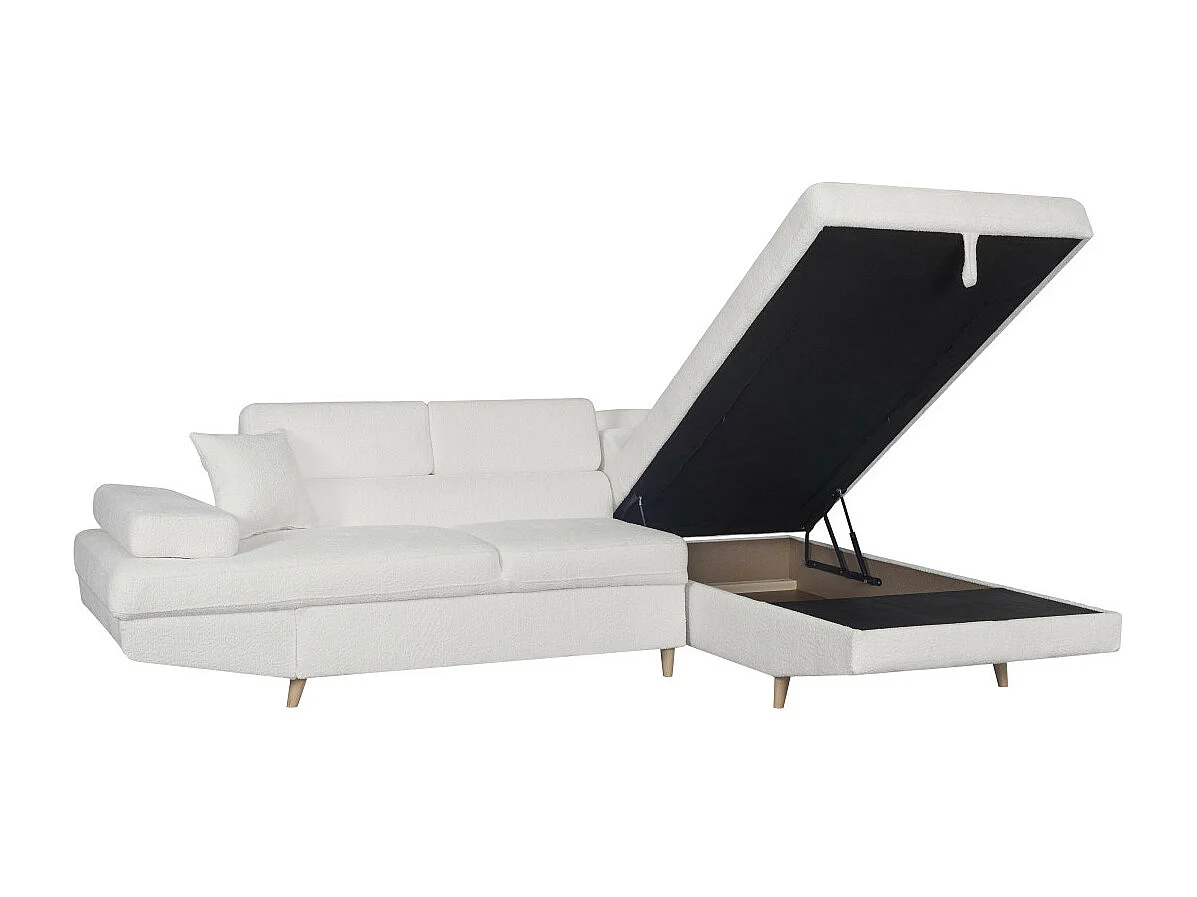 Canapé d'angle droit convertible Rio Scandinave avec coffre en tissu bouclette - Blanc, Pied bois - L271 x P192 x H70cm - Loungitude