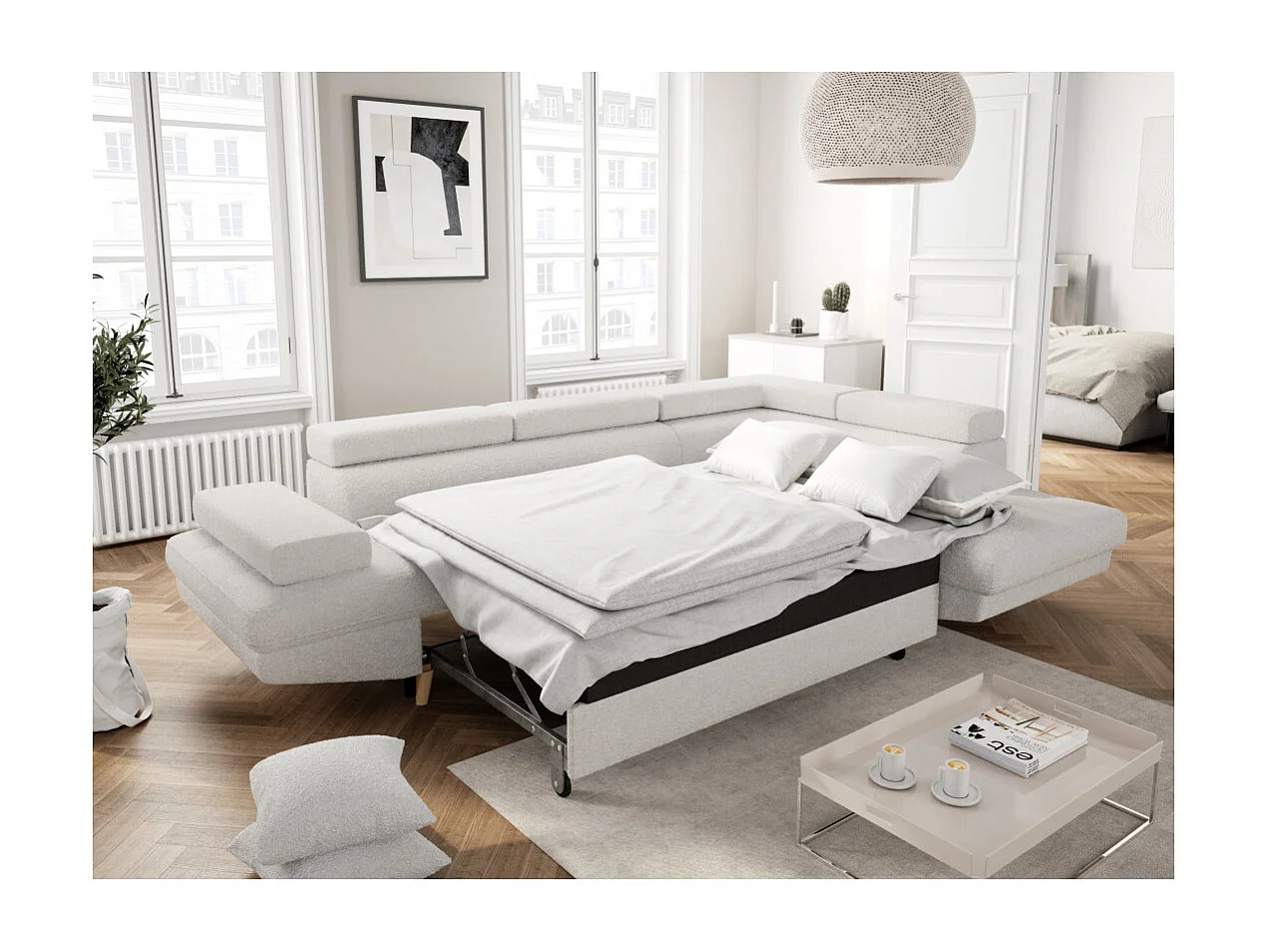 Canapé d'angle droit convertible Rio Scandinave avec coffre en tissu bouclette - Blanc, Pied bois - L271 x P192 x H70cm - Loungitude