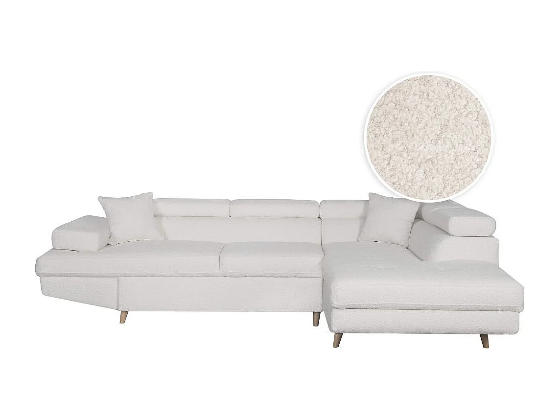 Canapé d'angle droit convertible Rio Scandinave avec coffre en tissu bouclette - Blanc, Pied bois - L271 x P192 x H70cm - Loungitude