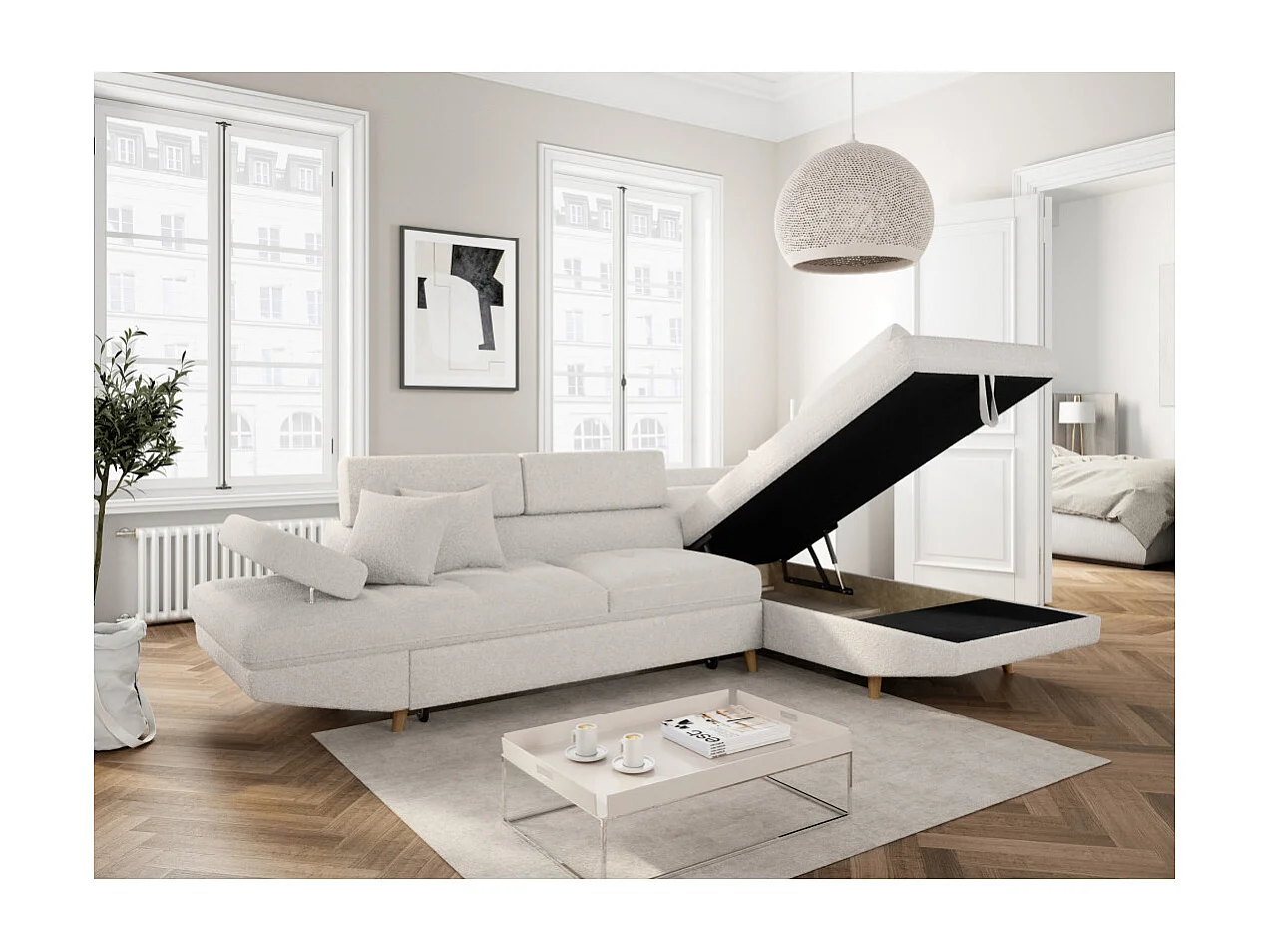 Canapé d'angle droit convertible Rio Scandinave avec coffre en tissu bouclette - Blanc, Pied bois - L271 x P192 x H70cm - Loungitude