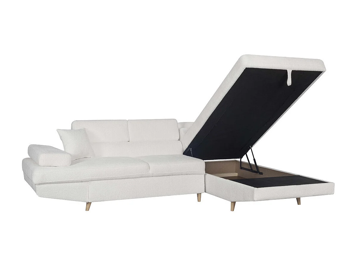 Canapé d'angle droit convertible Rio Scandinave avec coffre en tissu bouclette - Blanc, Pied bois - L271 x P192 x H70cm - Loungitude