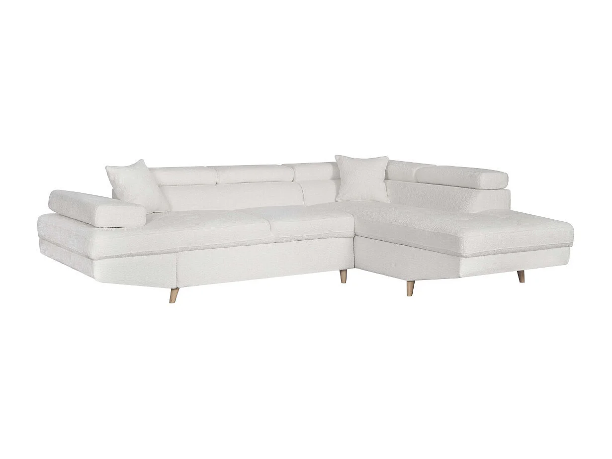 Canapé d'angle droit convertible Rio Scandinave avec coffre en tissu bouclette - Blanc, Pied bois - L271 x P192 x H70cm - Loungitude