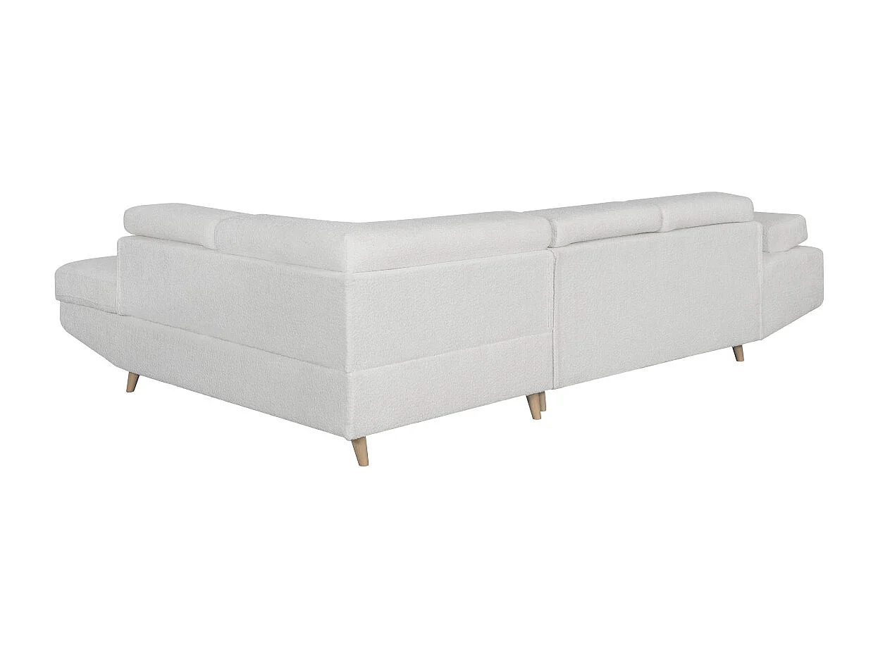 Canapé d'angle droit convertible Rio Scandinave avec coffre en tissu bouclette - Blanc, Pied bois - L271 x P192 x H70cm - Loungitude
