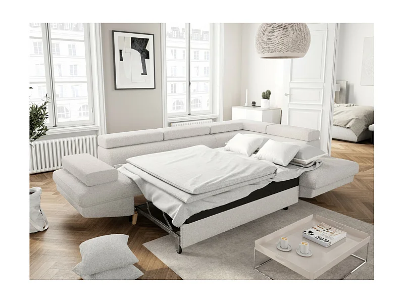 Canapé d'angle droit convertible Rio Scandinave avec coffre en tissu bouclette - Blanc, Pied bois - L271 x P192 x H70cm - Loungitude