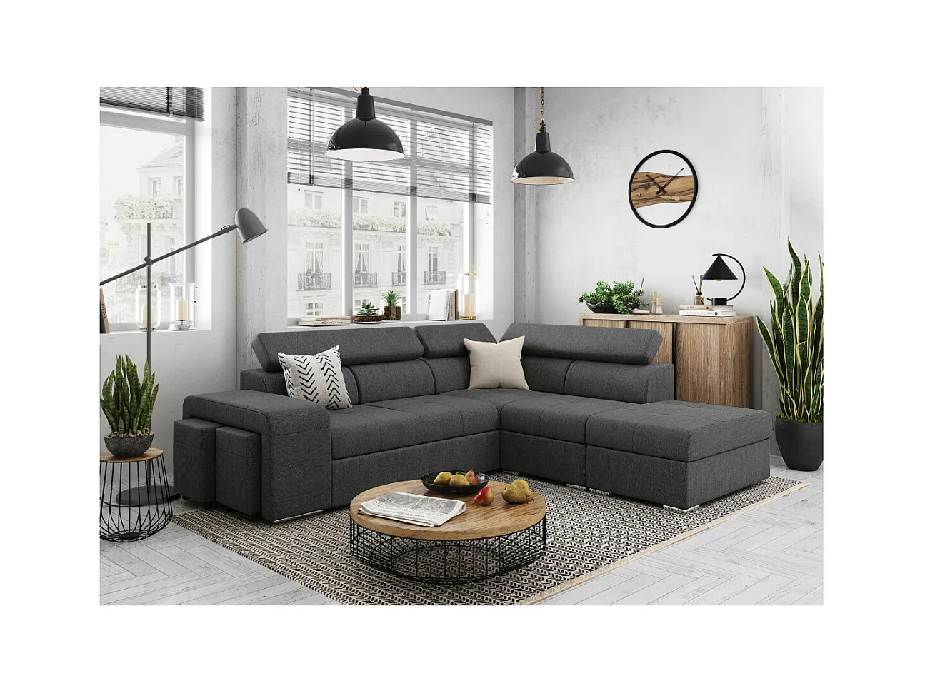 Canapé d'angle droit 3 places Soan convertible en tissu - Gris anthracite - L262 x P220 x H76cm - Loungitude