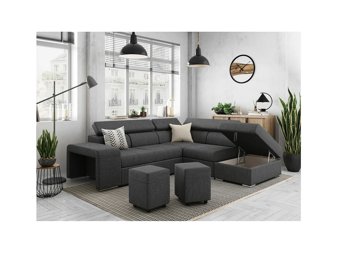 Canapé d'angle droit 3 places Soan convertible en tissu - Gris anthracite - L262 x P220 x H76cm - Loungitude