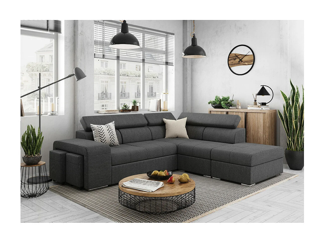 Canapé d'angle droit 3 places Soan convertible en tissu - Gris anthracite - L262 x P220 x H76cm - Loungitude