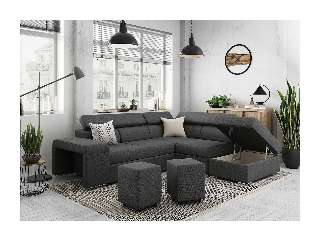 Canapé d'angle droit 3 places Soan convertible en tissu - Gris anthracite - L262 x P220 x H76cm - Loungitude