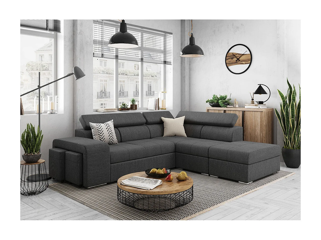 Canapé d'angle droit 3 places Soan convertible en tissu - Gris anthracite - L262 x P220 x H76cm - Loungitude