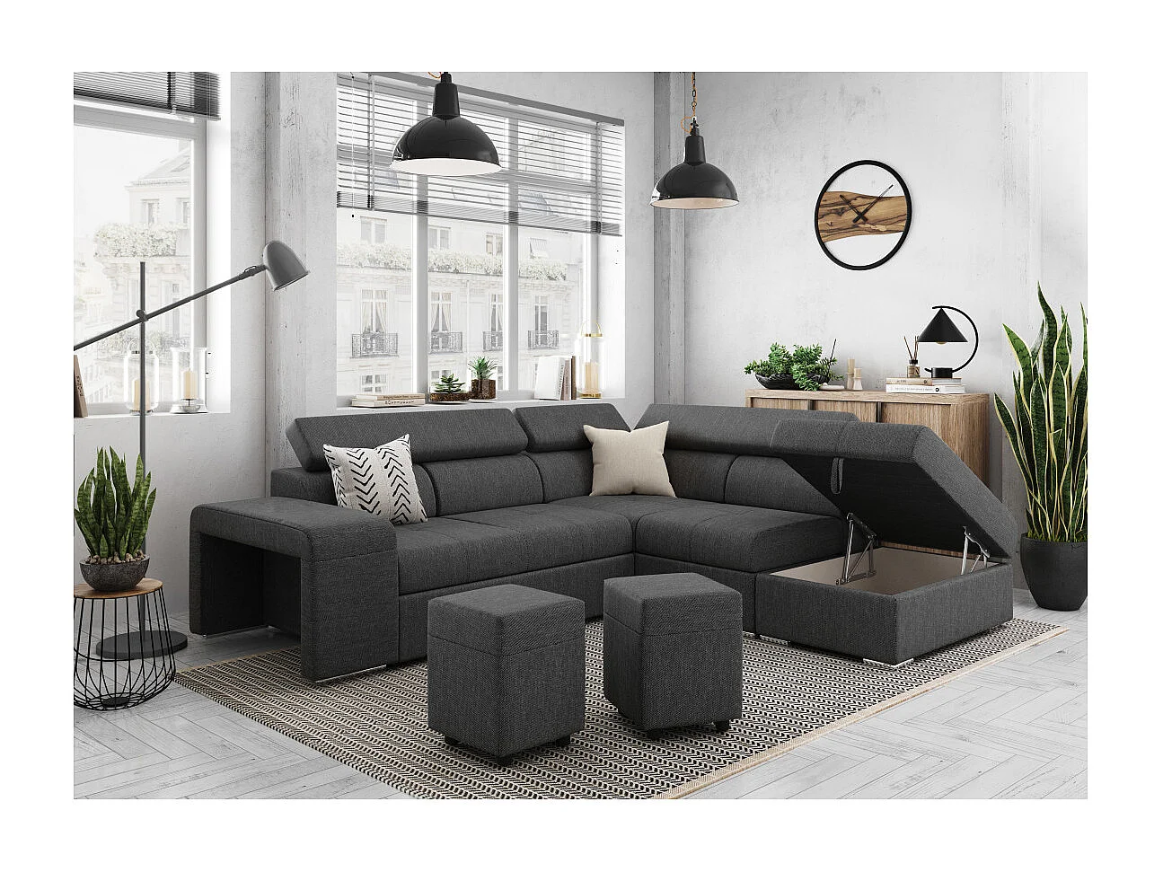 Canapé d'angle droit 3 places Soan convertible en tissu - Gris anthracite - L262 x P220 x H76cm - Loungitude